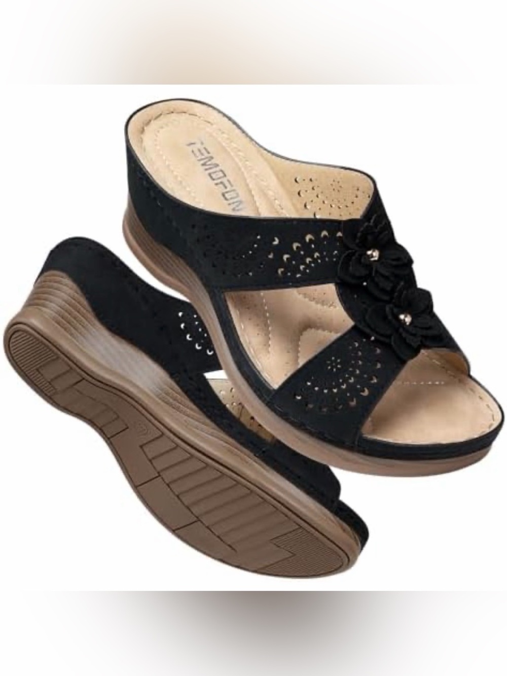 Temofon Wedge Sandal Size 8.5 Black Faux Leather Flower Slides 39 Arch Support